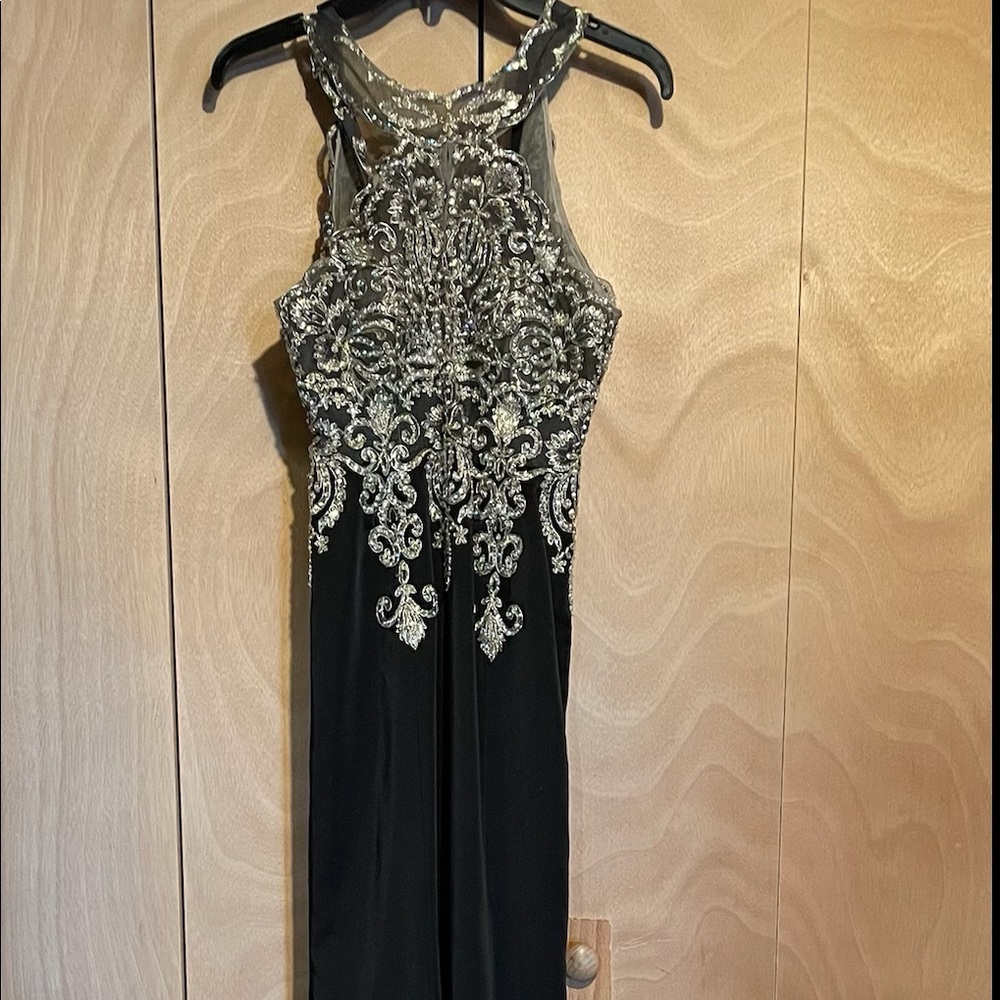 Dave and Johnny Black Gold Embroidered Mermaid Evening Gown